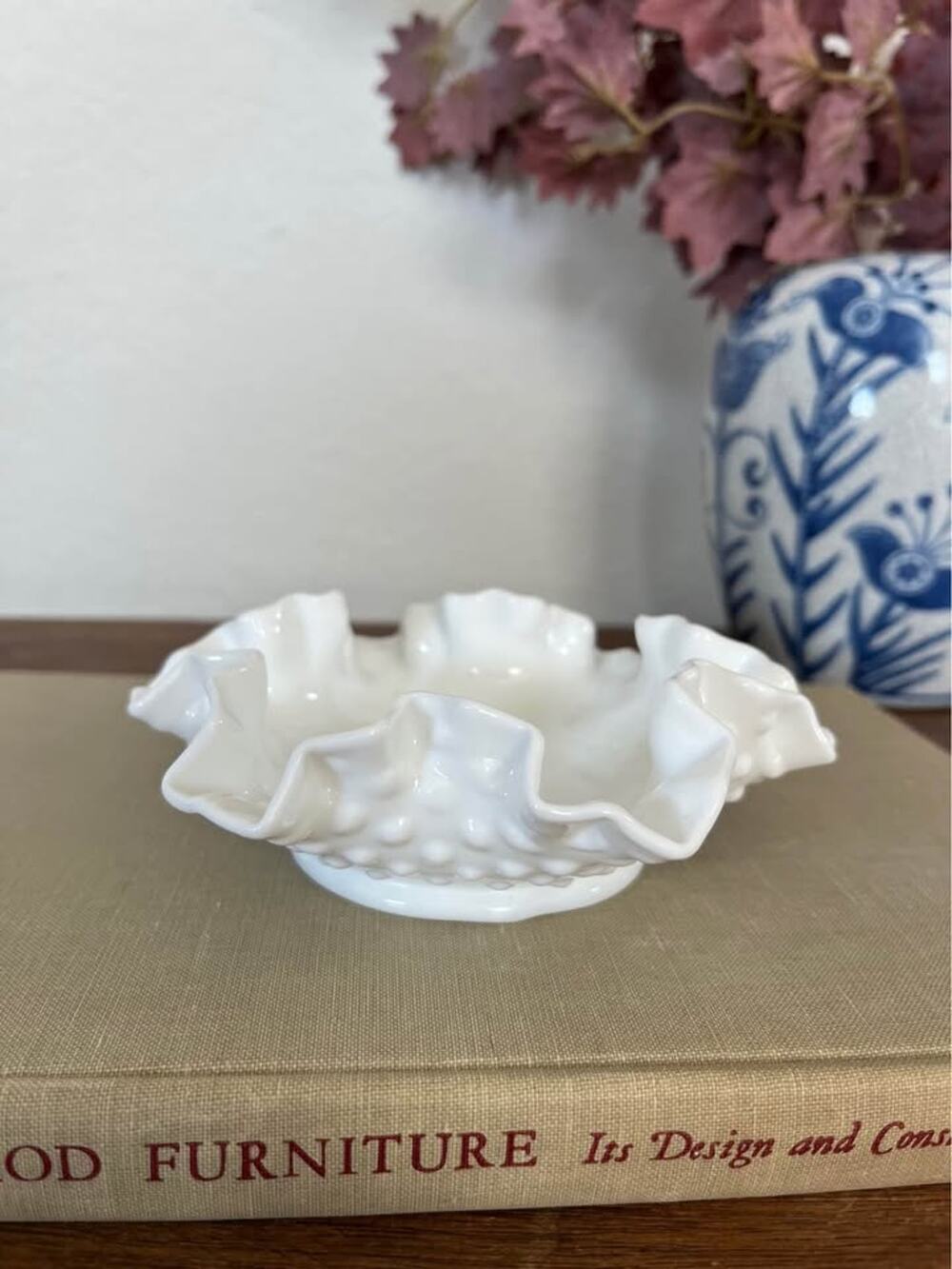 Fenton Hobnail Milk Glass Ruffled Bowl